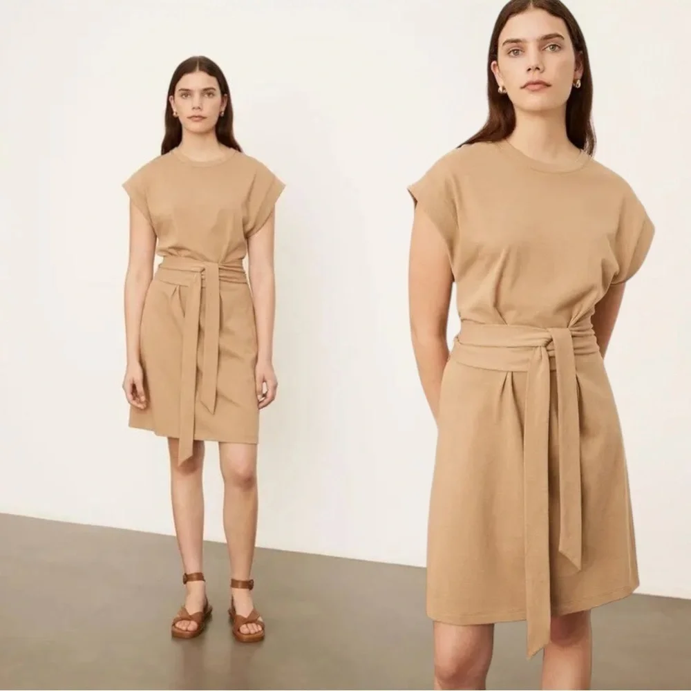 VINCE COTTON CAMEL TAN COLOR BELTED SHEATH DRESS SZ XS - Picture 2 of 9